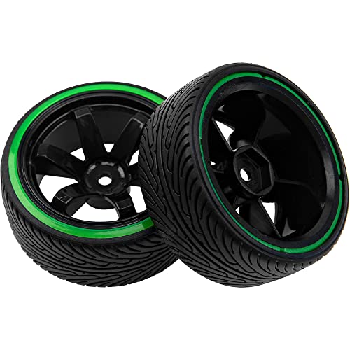 1/10 RC Drift Car Tires 12mm Hex Hub Wheel Rims & Hard Plastic Tyre 6 Spoke Compatible with Traxxas HSP Tamiya Kyosho HPI Redcat 1/10 On-Road RC Drift Drifting Car (Green)