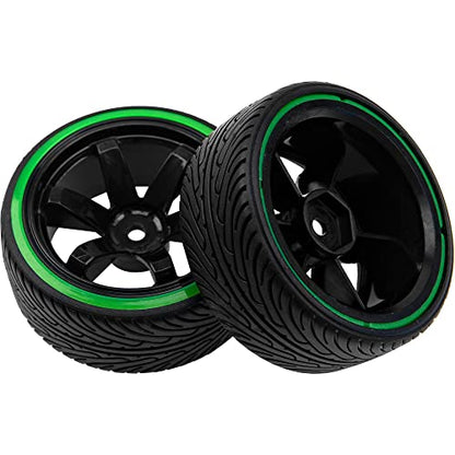 1/10 RC Drift Car Tires 12mm Hex Hub Wheel Rims & Hard Plastic Tyre 6 Spoke Compatible with Traxxas HSP Tamiya Kyosho HPI Redcat 1/10 On-Road RC Drift Drifting Car (Green)