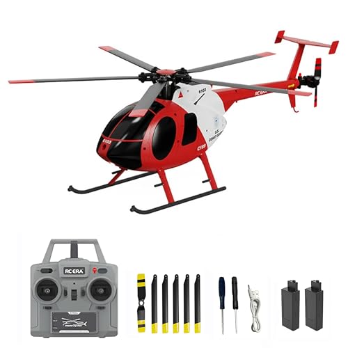 Remote Control Helicopter, C189 MD500 RC Helicopter Model, 1/28 Scale 4CH Single-Rotor Helicopters with 6-Axis Gyro and Brushless Motor, 2.4GHz RC Aircraft for Adults, 2 Batteries (Red) - color: Red