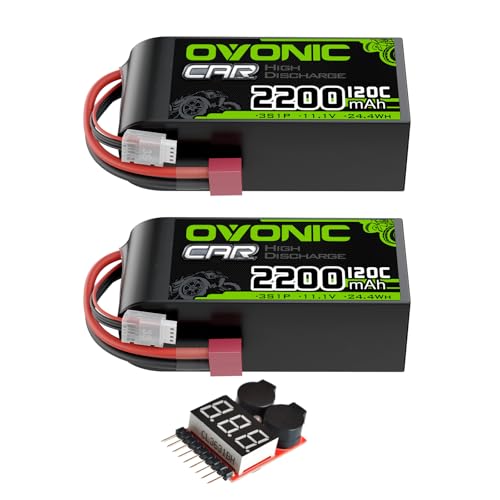 OVONIC 3S Short LiPo Battery 11.1V 2200mAh 120C with Dean-Style T Plug for RC Car RC Truck Airplane Helicopter Boat Car Racing RC Hobby [2 Packs][77" D x 34" W x 26" H mm](with Lipo Voltage Checker)