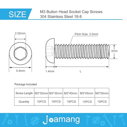 M3 x 30mm 35mm 40mm 45mm 50mm Button Head Socket Cap Screws Bolts, Stainless Steel 304, Metric Allen Hex Drive, Bright Finish, Fully Threaded, Assortment Kit 75PCS - size: Button M3x30-50 mm