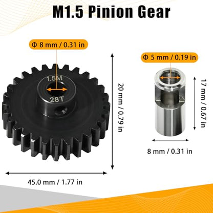 M1.5 28T Pinion Gear 8mm Bore with 8mm to 5mm Shaft Adapter Sleeve, Chromium Steel Motor Gear with Set Screw & Hex Key for Traxxas ARRMA Losi 1/5 1/8 RC Cars - size: 28T