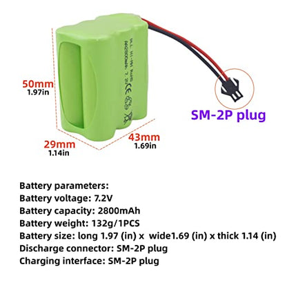 2PCS AA 7.2V 2800mah RC Battery Pack with SM-2P Plug with USB Charging Cable for Toy Tanks Engineering Department Flatbed Semi-Trailer Truck RC Remote Control Car Ni-MH high Capacity Battery