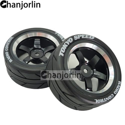 1/10 On Road Racing Tires and 5-Spoke Aluminum Wheels 12mm Hex OD 2.56" RC Touring Tyres for 1:10 Rally Street Drift Car Tamiya TT01 TT02 XV01 A959 PTG2 KYOSHO HSP Traxxas 4PCS (Black) - color: Black