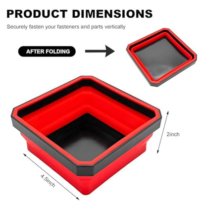Collapsible Magnetic Parts Tray, 4.5" Square Metal Parts Organizer with Dual-Sided Magnetic Base, Foldable Tools Tray Silicone Storage Bowl for Screws Bolts Nuts Washers Pins (Red) - color: Red