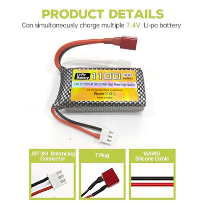7.4V 1100mAh 2S Lipo Battery with T Plug and USB Charging Cable Suitable for Haiboxing 18858 18859 18859A 16890A XLH Q903 Q903 HM163 RC Car RC Ship RC Drone