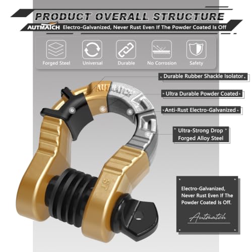 AUTMATCH D Ring Shackles 3/4" Mega Shackle (2 Pack) 68,000Ibs Break Strength - Heavy Duty Clevis Shackles with 7/8" Screw Pin and Isolator Washer for Tow Strap Winch Off Road Vehicle Recovery, Gold - color: Gold & Black