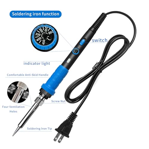 908B Blue All-in-One Soldering & Desoldering Kit with Multimeter, 60W Adjustable Soldering Iron for Electronics Repair, Includes 5 Tips, Solder, Pump, Wick, Tweezers, 110V - color: Dark Blue