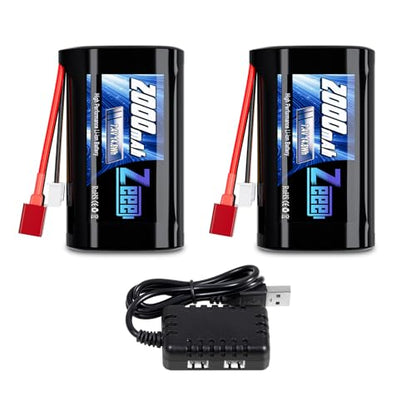 Zeee 2S Li-ion Battery 2000mAh 7.4V T Connector with 7.4V Battery Charger | Compatible with 1/10, 1/12, 1/16 Scale RC Cars 4WD High Speed RC Boat Trucks (2 Pack)