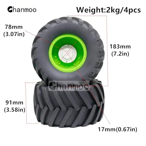 1/8 RC Monster Truck Tires and 17mm Hex Wheels Rims Rubber Buggy Tyres for 1:8 Scale Off Road Truck Car Kaiju Tmaxx E-Revo 3.3 Arrma Kraton 6S Typhon 3S Traxxas Maxx HPI Redcat 4PCS (Green) - color: Green