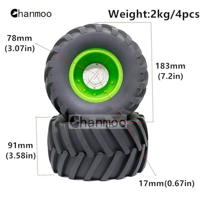 1/8 RC Monster Truck Tires and 17mm Hex Wheels Rims Rubber Buggy Tyres for 1:8 Scale Off Road Truck Car Kaiju Tmaxx E-Revo 3.3 Arrma Kraton 6S Typhon 3S Traxxas Maxx HPI Redcat 4PCS (Green) - color: Green
