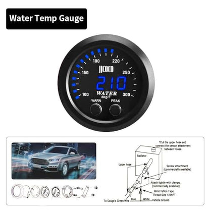 Universal 52mm Water Temperature Gauge with Alarm and 1/8 Npt Sensor Car Digital Meter Blue Display Temp 100-300F(-17~187C) - color: Blue, size: Joint Pipe: None