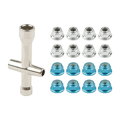 16pcs M4 Lock Nuts for 1/10 RC Car Wheel, Light Blue & Silver | 4mm Anodized Aluminum Alloy and Steel, Flange Serrated Nylon Insert Locking, With Wrench Set - color: Light Blue & Silver