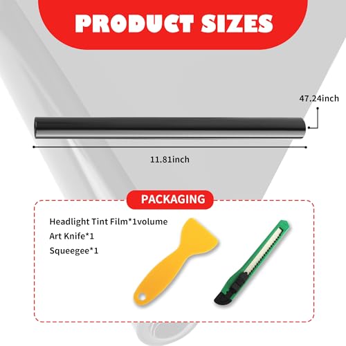 12×47 Inch Car Headlight Tint Film,Self-Adhesive Tail Light Tint Film Kit with Squeegee & Cutter,Universal Taillight Tints Films Automotive Exterior Accessories for Car Fog (Gloss Black) - color: Gloss Black