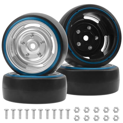 4Pack ShareGoo Hard Plastic 1/10 RC Drift Car Tires & Wheel Rims 12mm Hex Compatible with Traxxas 4Tec 2.0 HSP Tamiya TT01 TT02 Kyosho RC 1/10 On-Road Drift Drifting RC Car (Blue) - color: Blue