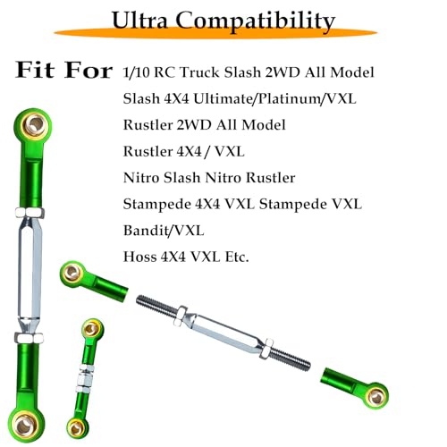 Stainless Turnbuckles Links with Rod Ends for 1/10 Traxxas Rustler,Green | Adjustable Camber Links with Spacers & Wrench for Slash 4X4/2WD, Stampede 4X4, Hoss 4X4, Bandit/VXL RC Car Hops Up Parts - color: Green
