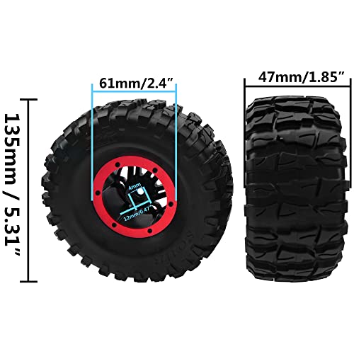 2.2" Rubber Tires Inflatable OD135mm & 12mm Hex Hub Plastic Beadlock Wheel Rims Compatible with Axial SCX10 Tamiya CC01 TF2 Traxxas 1/10 RC Monster Truck Crawler (Red) - color: Red