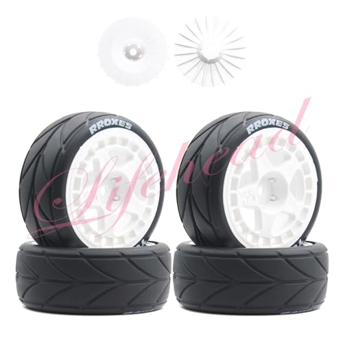 Lifehead 65mm On Road Rubber Tires& Wheels Rims 12mm Hex Hub for HPI Ken Block's Tamiya XV01 TT01 TT02B Kyosho FAZER MK2 Lc Racing PTG HSP RGT RC 3RACING D5 1/10 RC Rally Car - color: White 1