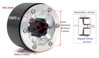 4pcs 1.9 Beadlock Wheels -10.5mm Negative Offset Rims 33mm Wide for TRX4 SCX10 Gen8 1/10 RC Mud Crawler Truck Upgrades - color: Silver
