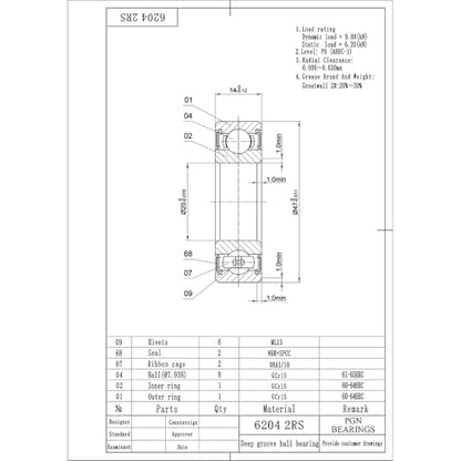 PGN 6204-2RS (10 Pack) Ball Bearing 20x47x14mm Chrome Steel Sealed - size: 10