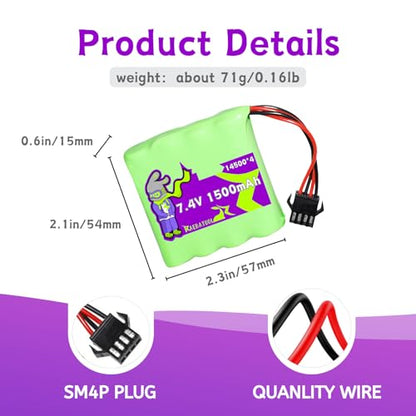 7.4V 1500mAh SM4P Plug Batteries for DEERC DE36W,Bluejay Remote Control Car, DE65 1809 RC Cars / DE36,2.4GHz High Speed RC Cars Toys, 1:12 Monster RC Truck Off Road with Charger