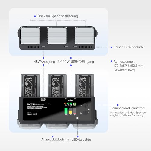 200W DJI Air 3/3S Battery Charging Hub 3-Channel Parallel Fast Charging Dual USB-C Input for DJI Air 3/3S Drone/RC, App Control/Storage/Discharge/LED Display