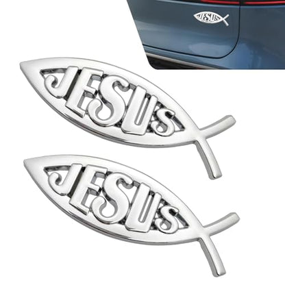 2 PCS Jesus Fish Decal, 3D Christian Car Sticker Emblem, Metallic Religious God for Jesus Christian Fish Symbol, Universal for Car Truck Fridge Wall Window Badge (Silver) - color: Silver
