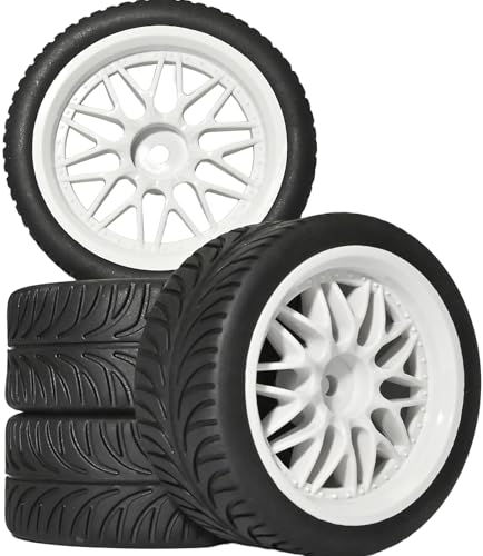 OD 2.55" On Road Rubber Tires Nylon Wheels- 12mm Hex for 1/10 RC Racing Car | Compatible with MJX HSP Tamiya HPI Kyosho Traxxas Sakura Redcat WLtoys 1/10 RC On-Road Racing Touring Car (4pcs, White) - style: E-White