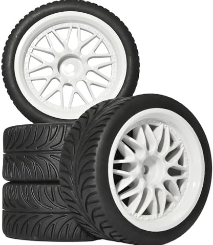 OD 2.55" On Road Rubber Tires Nylon Wheels- 12mm Hex for 1/10 RC Racing Car | Compatible with MJX HSP Tamiya HPI Kyosho Traxxas Sakura Redcat WLtoys 1/10 RC On-Road Racing Touring Car (4pcs, White) - style: E-White