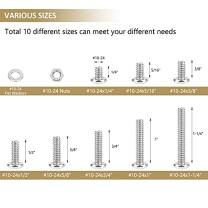 142 Pieces #10-24x 1/4", 5/16", 3/8", 1/2", 5/8", 3/4", 1", 1-1/4", Phillips Pan Head Machine Screws Nuts Washers Assortment Kit, 304 Stainless Steel, Fully Machine Thread - size: #10-24