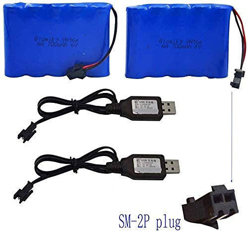Blomiky 2 Pack 6.0V 700mAh Ni-CD AA Rechargeable Battery Pack SM2P Plug and 2 USB Cable Fit for Old Version 11.5Inch Amphibious Stunt RC Cars Vehicles / 6V 700mAH and USB 2
