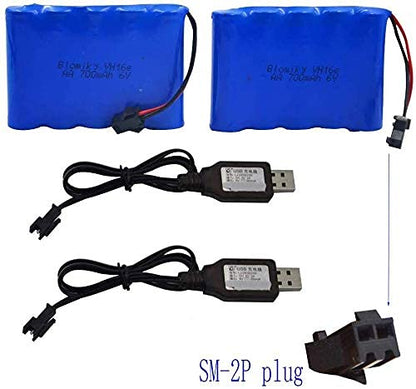 Blomiky 2 Pack 6.0V 700mAh Ni-CD AA Rechargeable Battery Pack SM2P Plug and 2 USB Cable Fit for Old Version 11.5Inch Amphibious Stunt RC Cars Vehicles / 6V 700mAH and USB 2