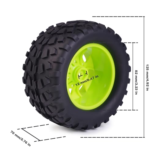 Hosim 70 * 125 mm RC Tires, All Terrain Soft Tire Mounted on 12mm Hex Wheels (Set of 4) for 1/10 RC Cars (Green Wheel hub) - color: Green