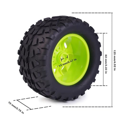 Hosim 70 * 125 mm RC Tires, All Terrain Soft Tire Mounted on 12mm Hex Wheels (Set of 4) for 1/10 RC Cars (Green Wheel hub) - color: Green