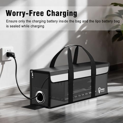 E-Bike Battery Safe Bag Explosionproof, Lipo Bag,19.3 x 5.1 x 7in | Fireproof, Large Capacity,Lipo Battery Charging Safe Bag, Silicone Coated Fireproof Storage Bag, 2 Mesh Bag,Reflective Strip