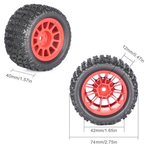 4Pcs Monster Truck Tires 1/16 1/18 Scale 74mm Pre-glued Foam Insert Tires for ARRMA Granite 1/18 Granite/ Typhon, WLtoys A949, MJX Hyper Go H16, High-Grip Ready-to-Run - color: Red