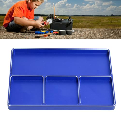 RC Repair Screw Tray, Aluminum Alloy 4 Grids Screw Tray with Magnetic Pad for 1/10 1/8 RC Car Airplanes Helicopters, Durable Tool Tray for Model Screws and Small Parts (Blue) - color: Blue