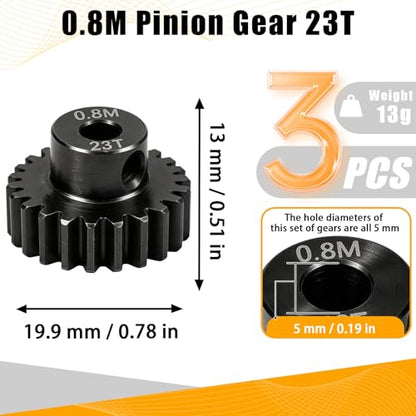 3-Pack Steel Metal 0.8M 5mm Pinion Motor Gear Sets 23T Compatible with HPI Kyosho Losi Axial Tamiya 1/8 1/10 RC Car Monster Truck Buggy, 0.8 Module Gear for Traxxsa Arrma - style: 3Pcs 23T