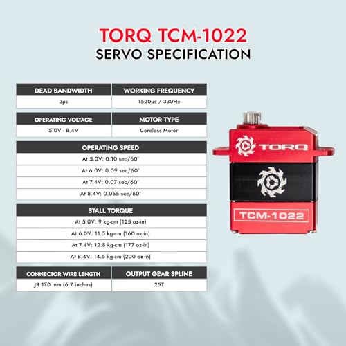 Helidirect TORQ TCM-1022 Full CNC Case Metal Gear Coreless Servo for Small-Scale RC Crawlers - RC Crawler Upgrade RC Servo (TCM-1022)