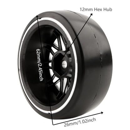 4PCS 1/10 Scale Hard Plastic RC Drift Tires - 12mm Hex Hub On-Road Touring Racing Wheels Compatible with Traxxas 4 Tec 2.0 Tamiya TT01 XV01 Kyosho WR8 Sakura WLtoys HPI Touring Racing Car