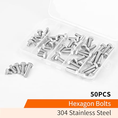 M6 x 8mm 12mm 16mm 20mm 25mm Heavy Duty Hexagon Bolts Hex Head Screws, 304 Stainless Steel, Metric, Machine Fully Thread, Bright Finish, Assortment Kit 50PCS - size: M6 x 8/12/16/20/25mm (50PCS)