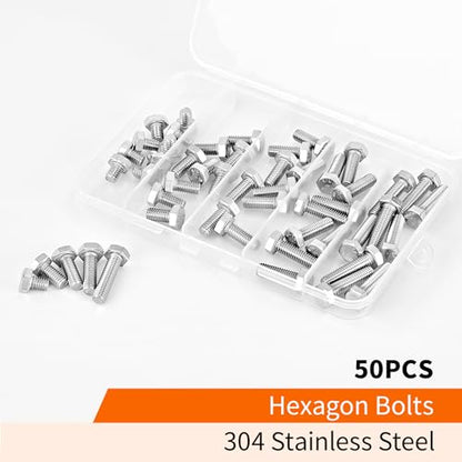 M6 x 8mm 12mm 16mm 20mm 25mm Heavy Duty Hexagon Bolts Hex Head Screws, 304 Stainless Steel, Metric, Machine Fully Thread, Bright Finish, Assortment Kit 50PCS - size: M6 x 8/12/16/20/25mm (50PCS)