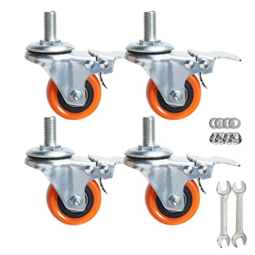 Heavy Duty Swivel Wheels, 3 Inch Yellow PVC Casters with Metric Stem M12-1.75x25mm Double Brakes Castors Safety Wheels up to 1200 Lbs/Set for Industry and Furniture Set of 4 - style: 2 Inch with brake
