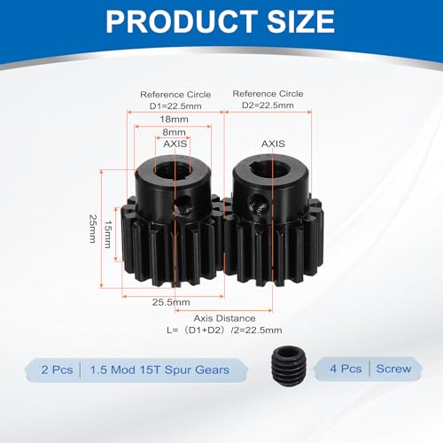 uxcell 2Pcs 1.5 Mod 15T Spur Gear 8mm Bore, 1045 Steel Pinion Gear with Keyway Black Surface Treatment, 20° Pressure Angle, for Spur Rack and RC Model Car or Motor DIY(18mm) - size: 1.5 Mod 15T, 8mm x 18mm