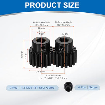 uxcell 2Pcs 1.5 Mod 15T Spur Gear 8mm Bore, 1045 Steel Pinion Gear with Keyway Black Surface Treatment, 20° Pressure Angle, for Spur Rack and RC Model Car or Motor DIY(18mm) - size: 1.5 Mod 15T, 8mm x 18mm
