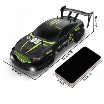 RC Drift Car 1/16 Scale 2.4Ghz 4WD Remote Control Car With Spray & Led Lights, 30+KM/H High Speed RC Drag Car, Racing Sport Toy Cars for Adults Boys Girls Kids Gift 2Pcs Rechargeable Battery - color: Black-g
