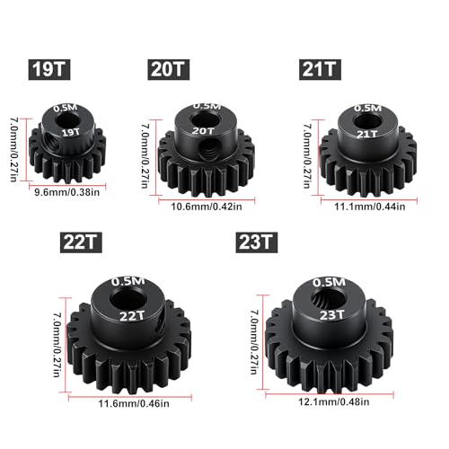 Hardened Steel 0.5 Mod 19T 20T 21T 22T 23T Pinion Gear 3.175mm Bore with 2.3mm Adapter Shaft for Arrma 1/14 Typhon 1/16 Mojave 1/18 Granite Grom Losi 1/12 Motor Gear