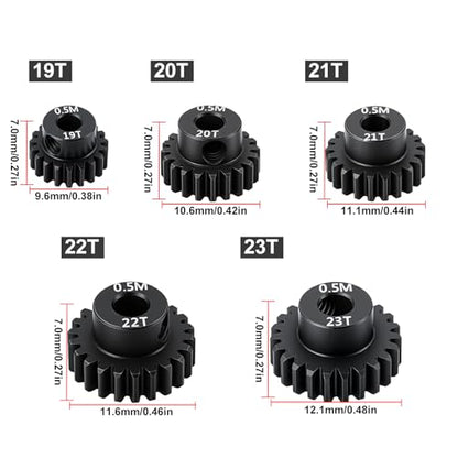 Hardened Steel 0.5 Mod 19T 20T 21T 22T 23T Pinion Gear 3.175mm Bore with 2.3mm Adapter Shaft for Arrma 1/14 Typhon 1/16 Mojave 1/18 Granite Grom Losi 1/12 Motor Gear