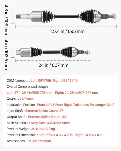 VEVOR CV Axle Shaft Assembly, 2 Pieces Front Left & Right (Driver and Passenger Side), Automotive Replacement Joint Axles Pair Compatible with 2009-2017 Chevrolet Traverse, Alloy Steel & Carbon Steel - size: 2009-2017 Chevrolet Traverse, style: Front Driv
