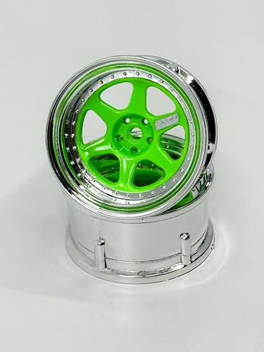 1/10 RC Drift Element 6-Spoke Rims Wheels, Set of 2, Adjustable Offset, Compatible with Yokomo YD MD RD, MST RMX, Reve D RDX, Redcat RDS, HPI, Tamiya TT, & More (Flu Yellow w/Chrome Lip)